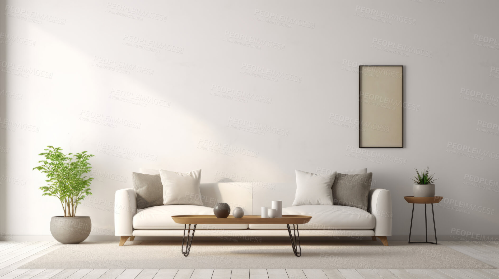 Buy stock photo Living room, chair and home interior design with blank wall for apartment design and lifestyle. Cozy, modern and luxury furniture mockup space for text or frame for ideas and architecture inspiration