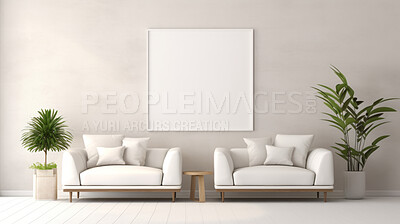 Living room, chair and home interior design with blank frame for apartment design and lifestyle. Cozy, modern or luxury furniture mockup space for text or print for ideas and architecture inspiration