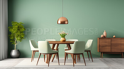 Furniture, dining room and modern table and chairs made of wood for apartment, hotel and home. Creative, innovation and lifestyle mockup with texture for restaurant, dinner and decor inspiration