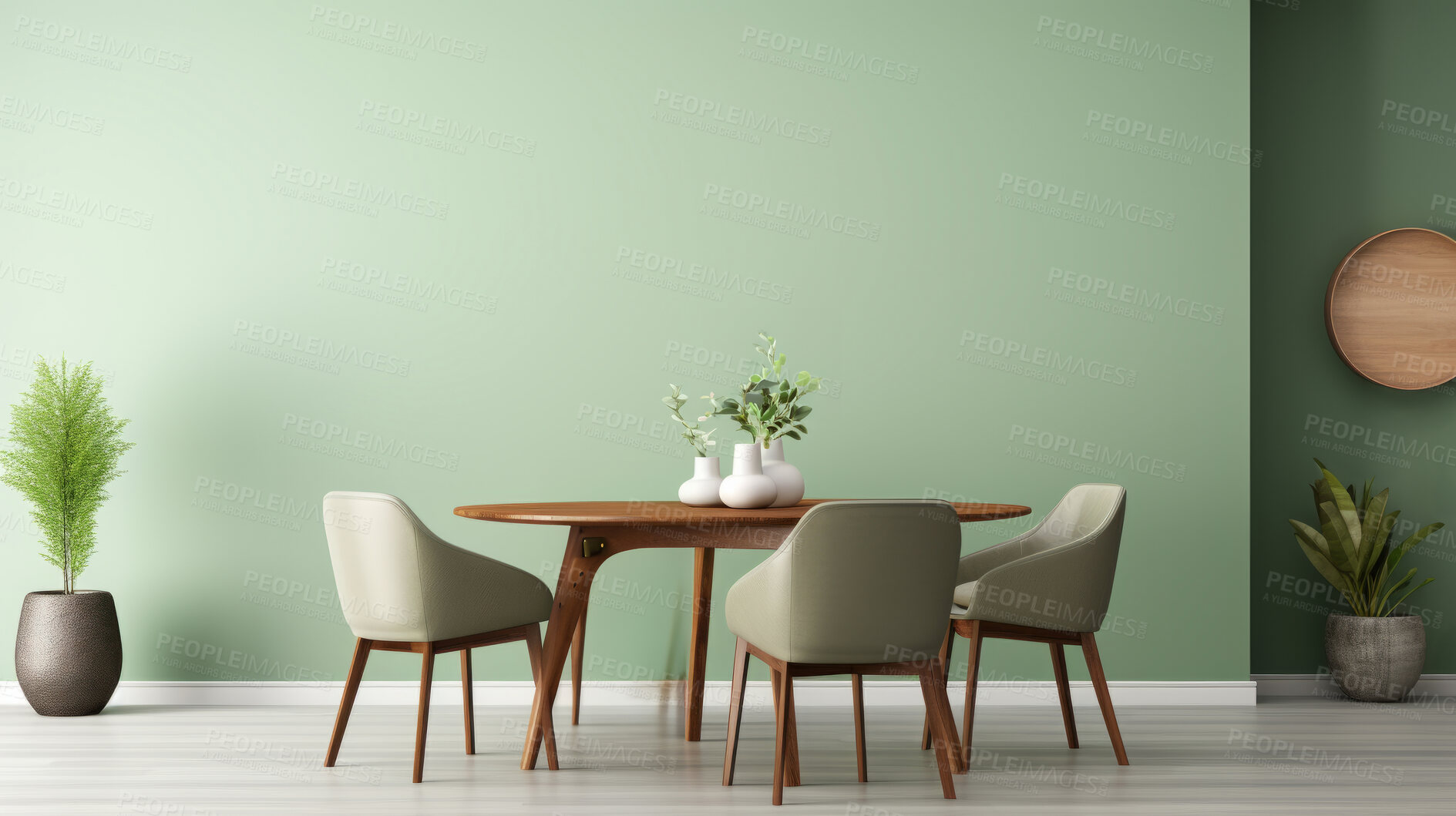 Buy stock photo Furniture, dining room and modern table and chairs made of wood for apartment, hotel and home. Creative, innovation and lifestyle mockup with texture for restaurant, dinner and decor inspiration