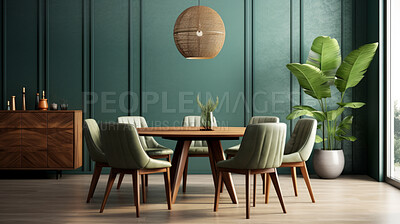 Furniture, dining room and modern table and chairs made of wood for apartment, hotel and home. Creative, innovation and lifestyle mockup with texture for restaurant, dinner and decor inspiration