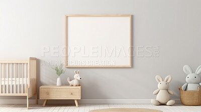Baby room, bed and home interior design with blank frame for apartment poster, picture and decoration. Cozy, modern and furniture mockup space for text, print and ideas for architecture inspiration