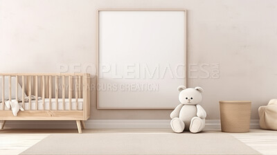 Baby room, bed and home interior design with blank frame for apartment poster, picture and decoration. Cozy, modern and furniture mockup space for text, print and ideas for architecture inspiration