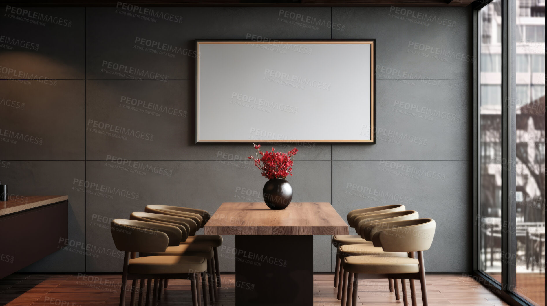 Buy stock photo Furniture, dining room and modern table with wood chairs for apartment, hotel and home picture frame. Creative, interior design and mockup poster space for restaurant, dinner and decor inspiration