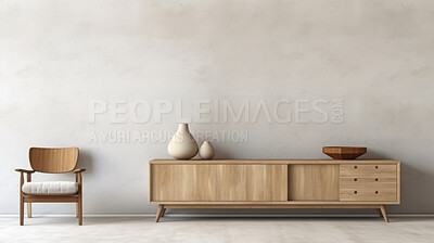 Furniture, dresser and modern living room cabinet made of wood for apartment, hotel and home. Creative, interior and lifestyle mockup with texture for frame print, design and decoration ideas