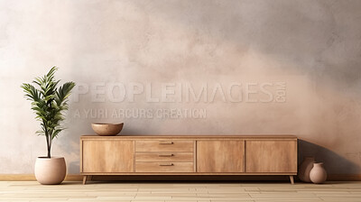 Furniture, dresser and modern living room cabinet made of wood for apartment, hotel and home. Creative, interior and lifestyle mockup with texture for frame print, design and decoration ideas