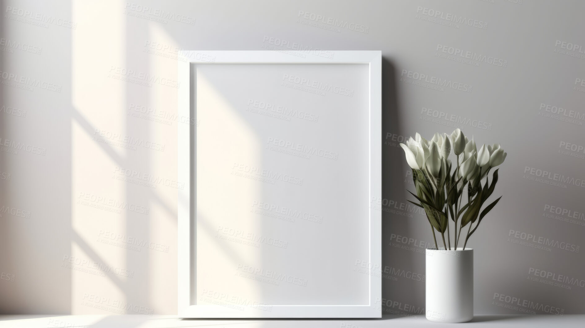 Buy stock photo Blank, frame and canvas on a living room wall for mockup prints, graphic design and home interior. White, clean and empty space for art ideas collection, painting studio or creative inspiration