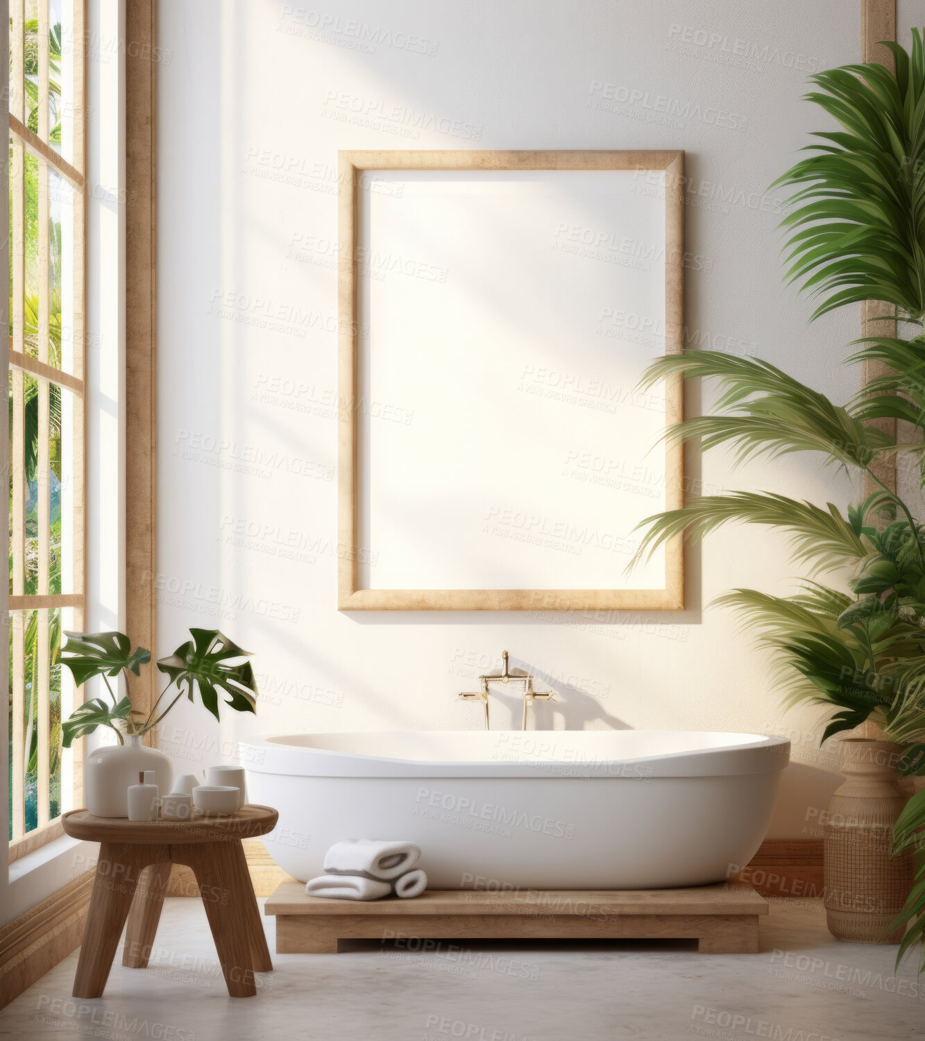 Buy stock photo Modern, bathtub or bathroom interior design with mockup poster space for apartment, hotel or home. Bright, clean or stylish wash room by wall for relax, hygiene and luxury picture frame or decoration