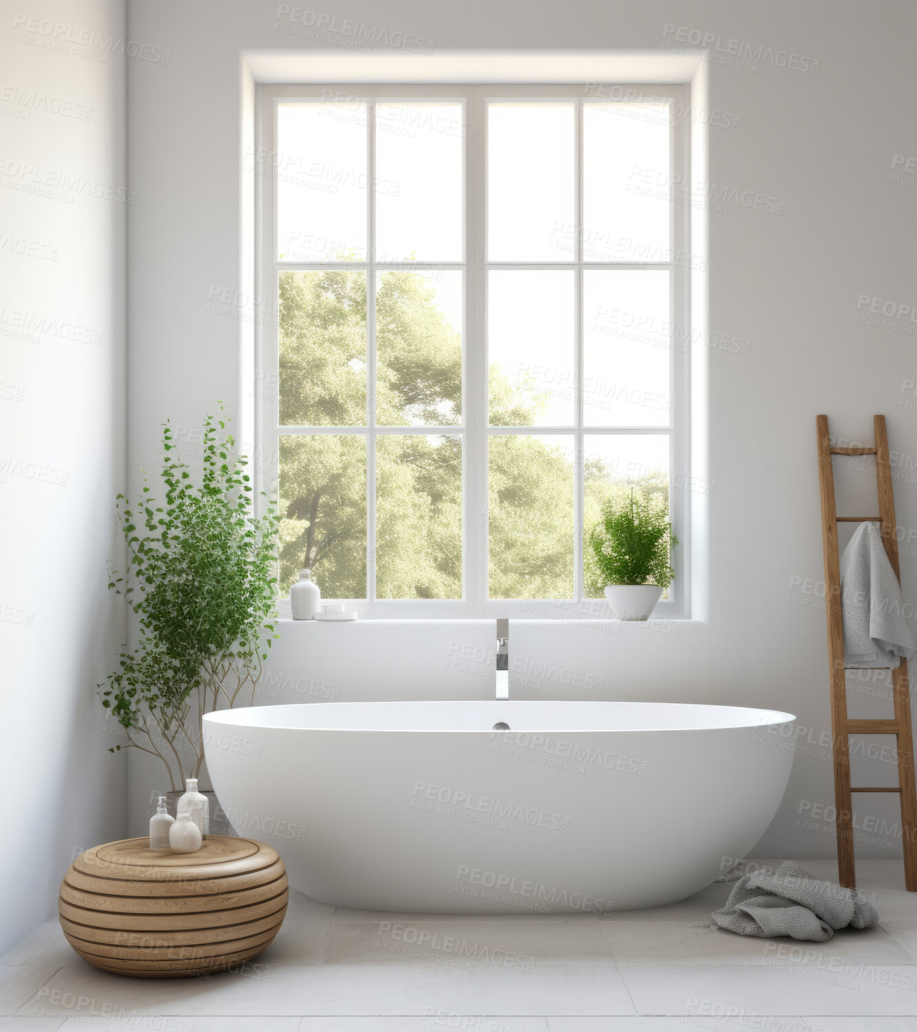 Buy stock photo Modern, bathtub and bathroom interior design with big window for apartment, hotel and home. Bright, clean and stylish wash room by white wall for relax, hygiene and luxury break in indoor decoration
