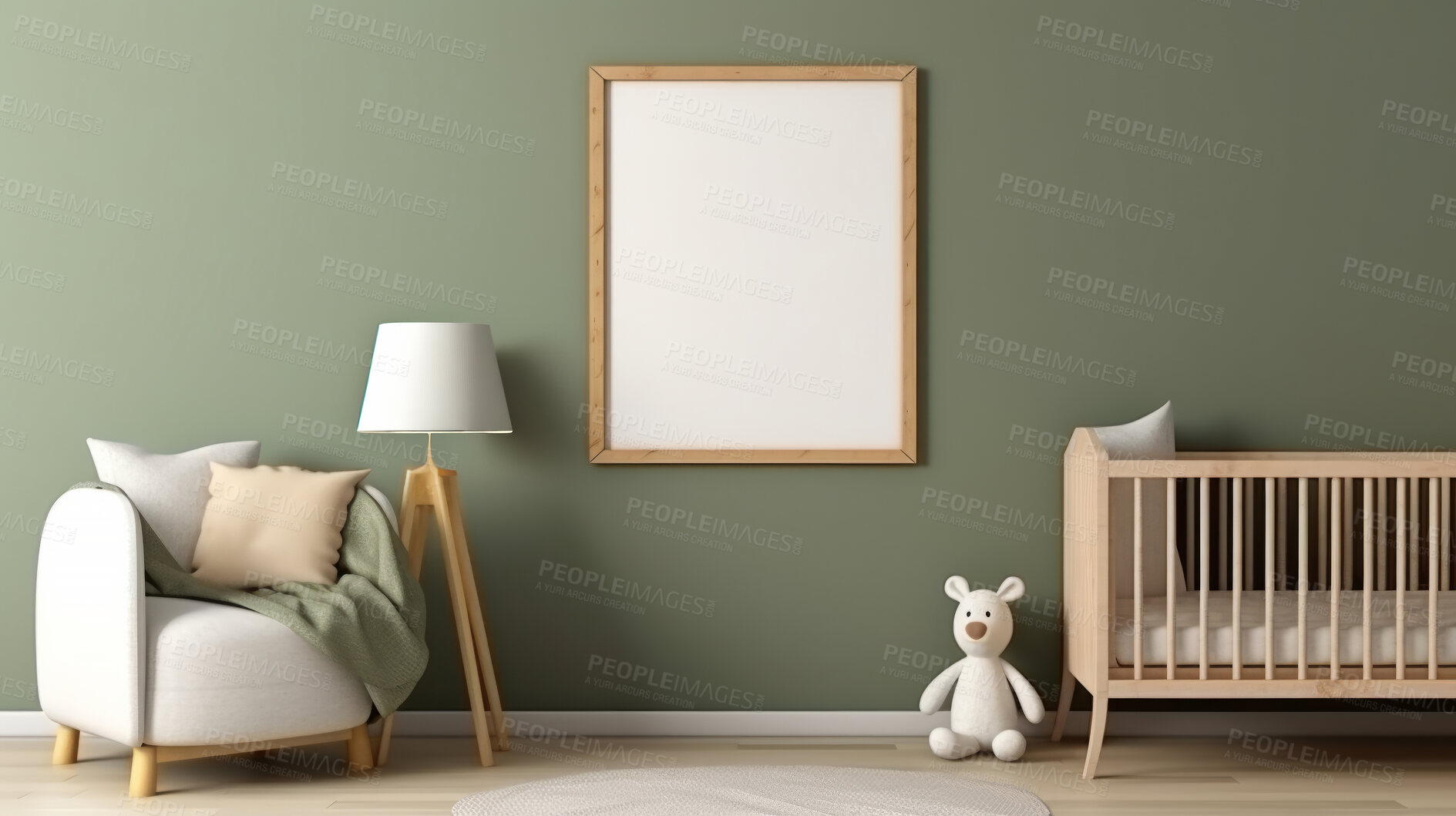 Buy stock photo Baby room, bed and home interior design with blank frame for apartment poster, picture and decoration. Cozy, modern and furniture mockup space for text, print and ideas for architecture inspiration