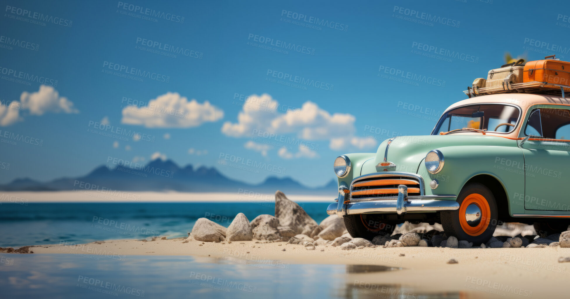 Buy stock photo Vintage car, beach and ocean coastline for travel. Tropical paradise, dream vacation or island holiday, Background, summer wallpaper and relax in nature, sunshine and blue sea and Maldives views