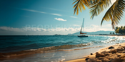 Seashore, palm trees and beach landscape with mock up or travel. Tropical paradise, dream vacation or island holiday, Background, summer wallpaper and relax in nature, sun and blue sea waves