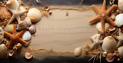 Top down, seashells and beach starfish for travel, mock up and space in tropical, holiday and paradise on dream vacation. Background, summer wallpaper and relax in nature, island and blue backdrop