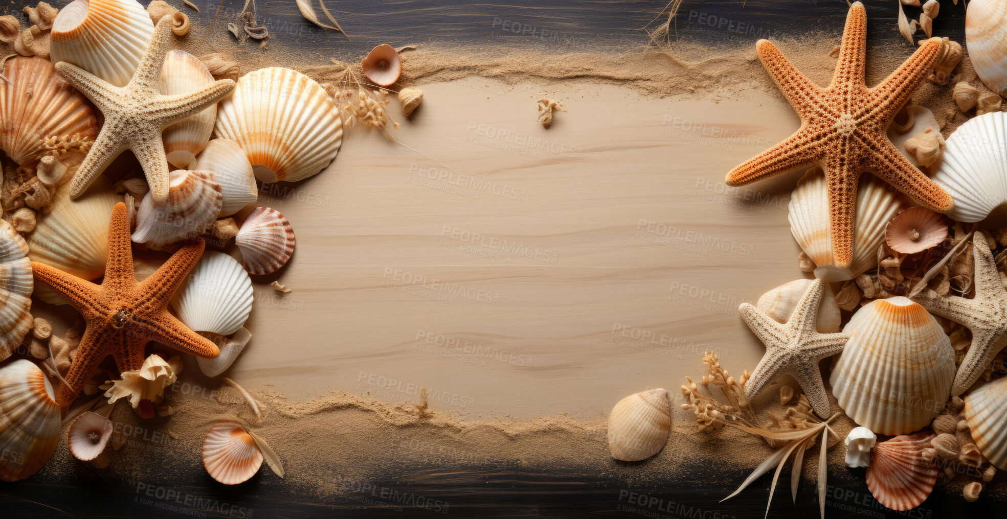 Buy stock photo Top down, seashells and beach starfish for travel, mock up and space in tropical, holiday and paradise on dream vacation. Background, summer wallpaper and relax in nature, island and blue backdrop