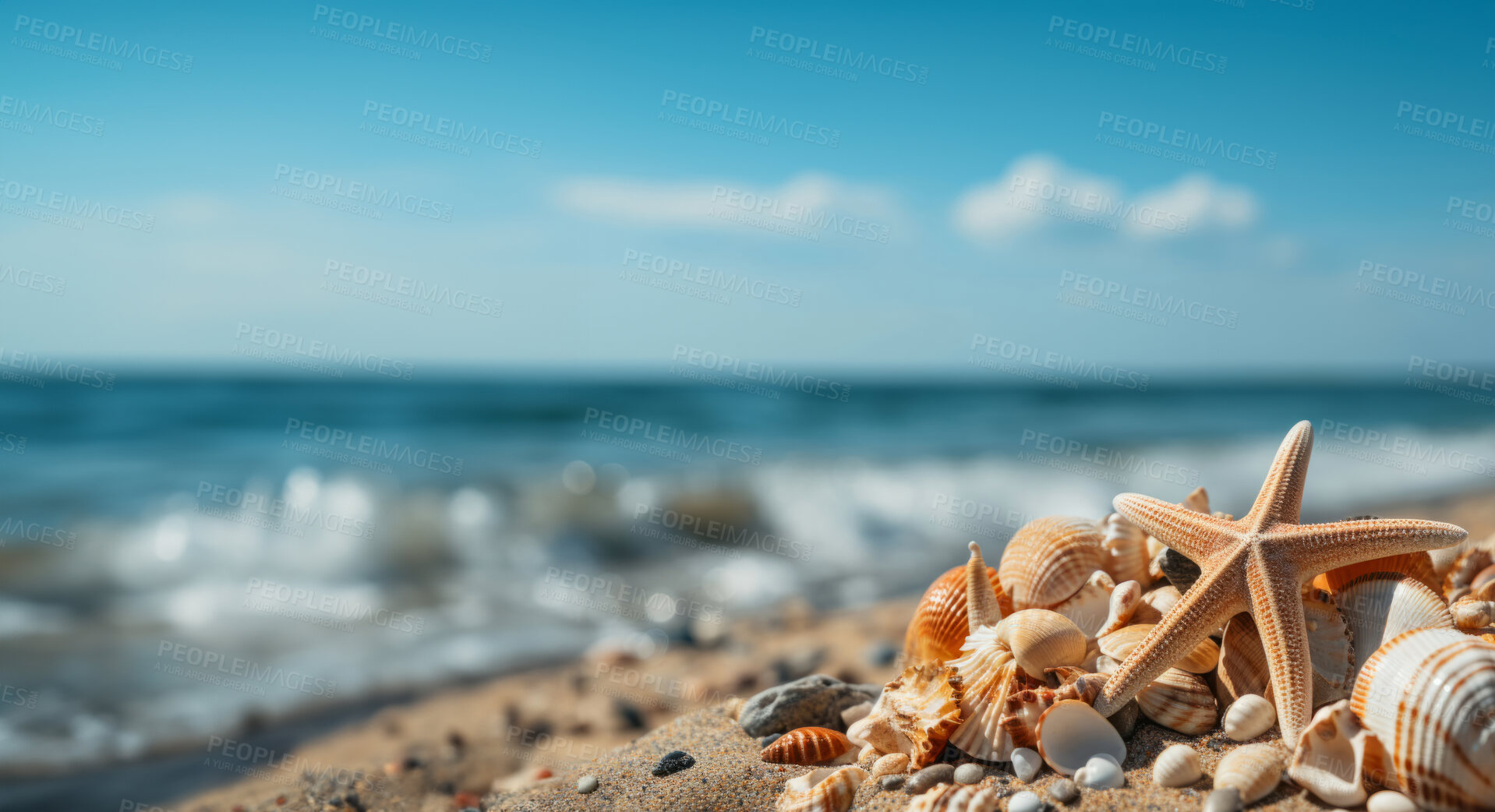 Buy stock photo Closeup, flower and beach starfish for travel, mock up and space in tropical, holiday and paradise on dream vacation. Background, summer wallpaper and relax in nature, island and blue sea waves