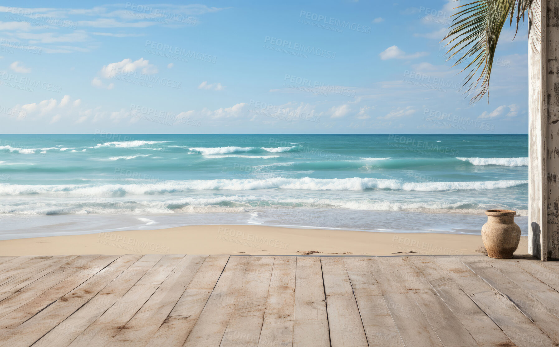 Buy stock photo Wooden table, palm tree and beach landscape with mock up or travel. Tropical paradise, dream vacation or island holiday, Background, summer wallpaper and relax in nature, sun and blue sea waves