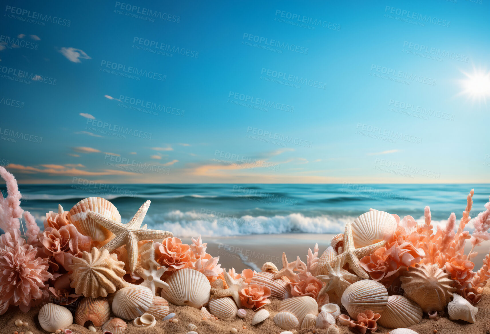 Buy stock photo Closeup, flower and beach starfish for travel, mock up and space in tropical, holiday and paradise on dream vacation. Background, summer wallpaper and relax in nature, island and blue sea waves