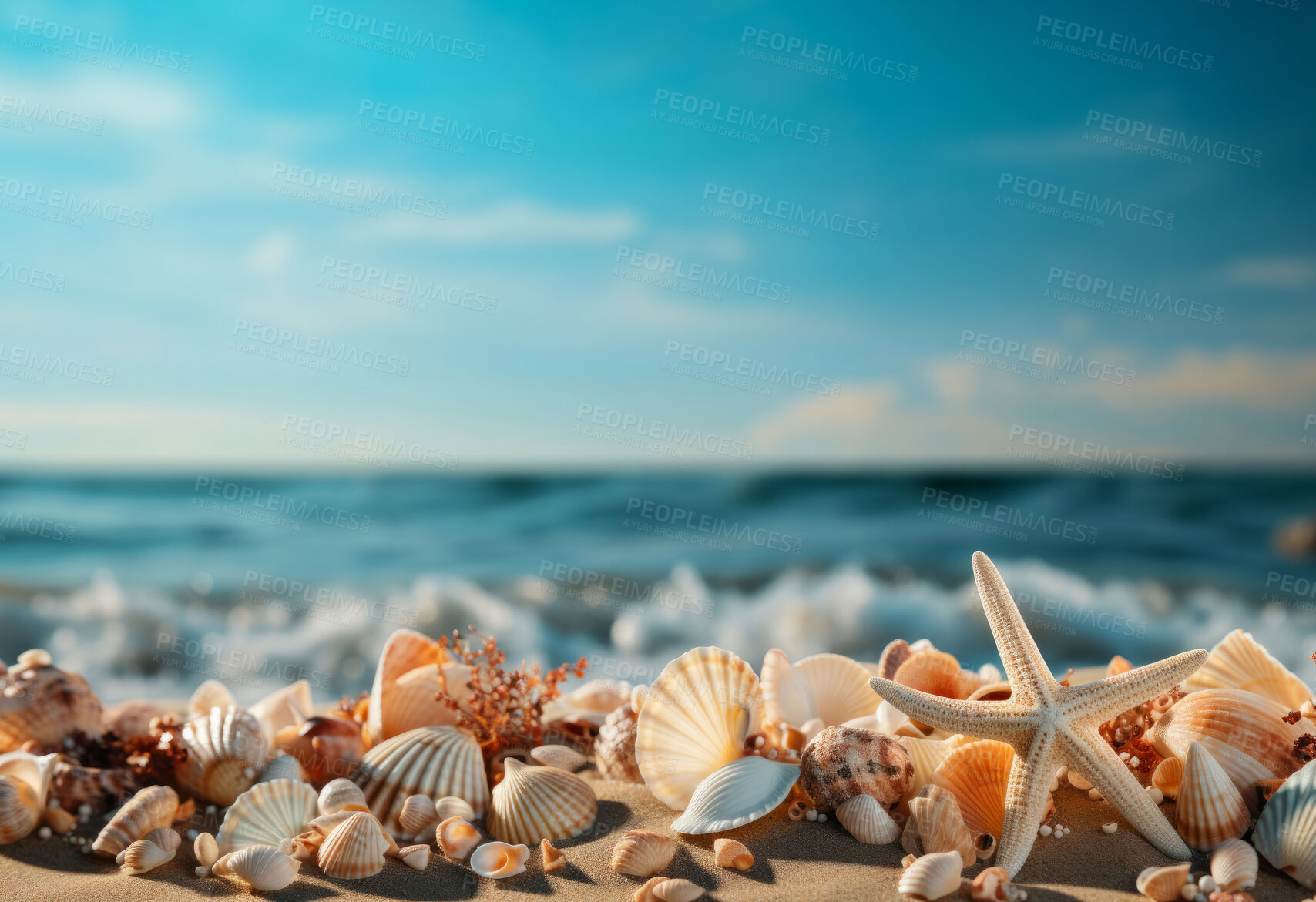 Buy stock photo Closeup, seashells and beach starfish for travel, mock up and space in tropical, holiday and paradise on dream vacation. Background, summer wallpaper and relax in nature, island and blue sea wave