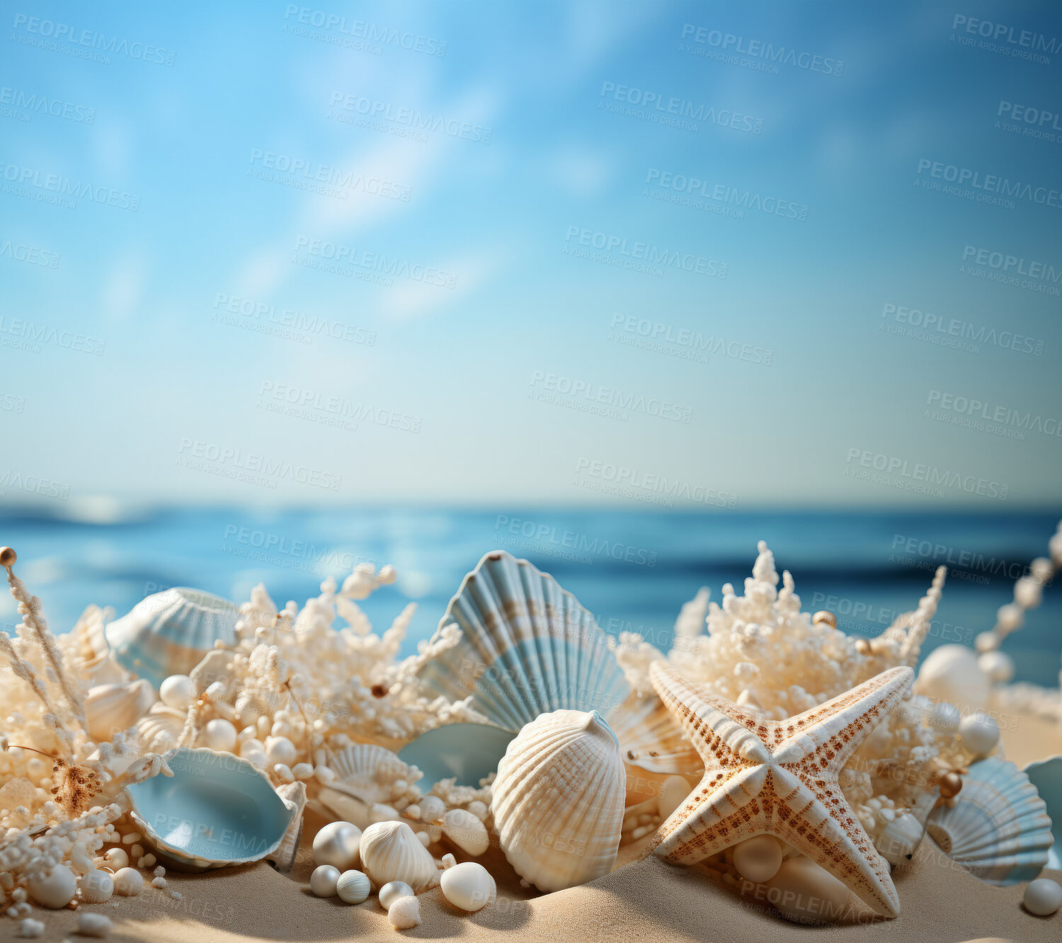 Buy stock photo Closeup, seashells and beach starfish for travel, mock up and space in tropical, holiday and paradise on dream vacation. Background, summer wallpaper and relax in nature, island and blue sea wave