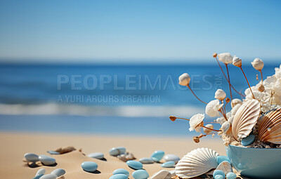 Closeup, seashells and beach starfish for travel, mock up and space in tropical, holiday and paradise on dream vacation. Background, summer wallpaper and relax in nature, island and blue sea wave