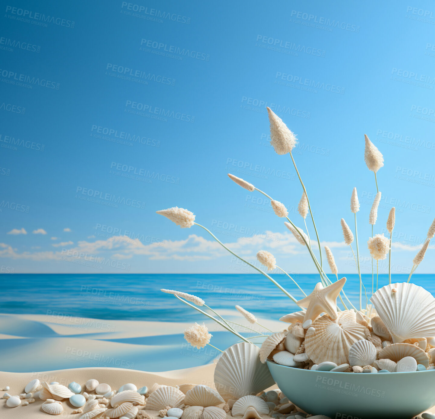 Buy stock photo Closeup, seashells and beach starfish for travel, mock up and space in tropical, holiday and paradise on dream vacation. Background, summer wallpaper and relax in nature, island and blue sea wave