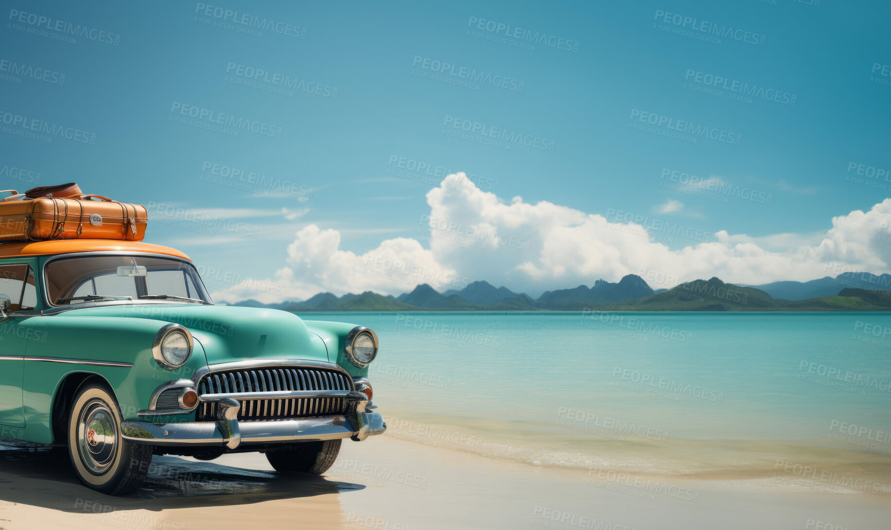 Buy stock photo Vintage car, beach and ocean coastline for travel. Tropical paradise, dream vacation or island holiday, Background, summer wallpaper and relax in nature, sunshine and blue sea and Maldives views