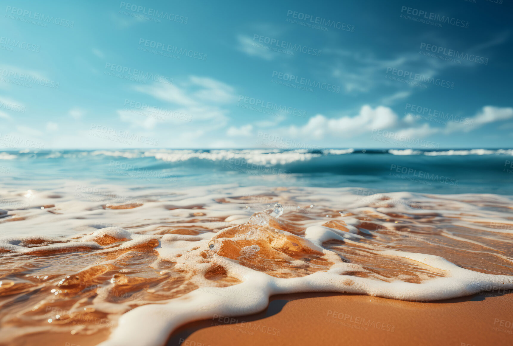 Buy stock photo Closeup, waves and beach  for travel, mock up and space in tropical, holiday and paradise on dream vacation. Background, summer wallpaper and relax in nature, island and blue sea with ocean views