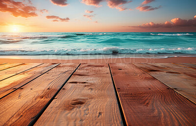 Buy stock photo Wooden table, sunset and beach landscape with mock up or travel. Tropical paradise, dream vacation or island holiday, Background, summer wallpaper and relax in nature, sun and blue sea waves