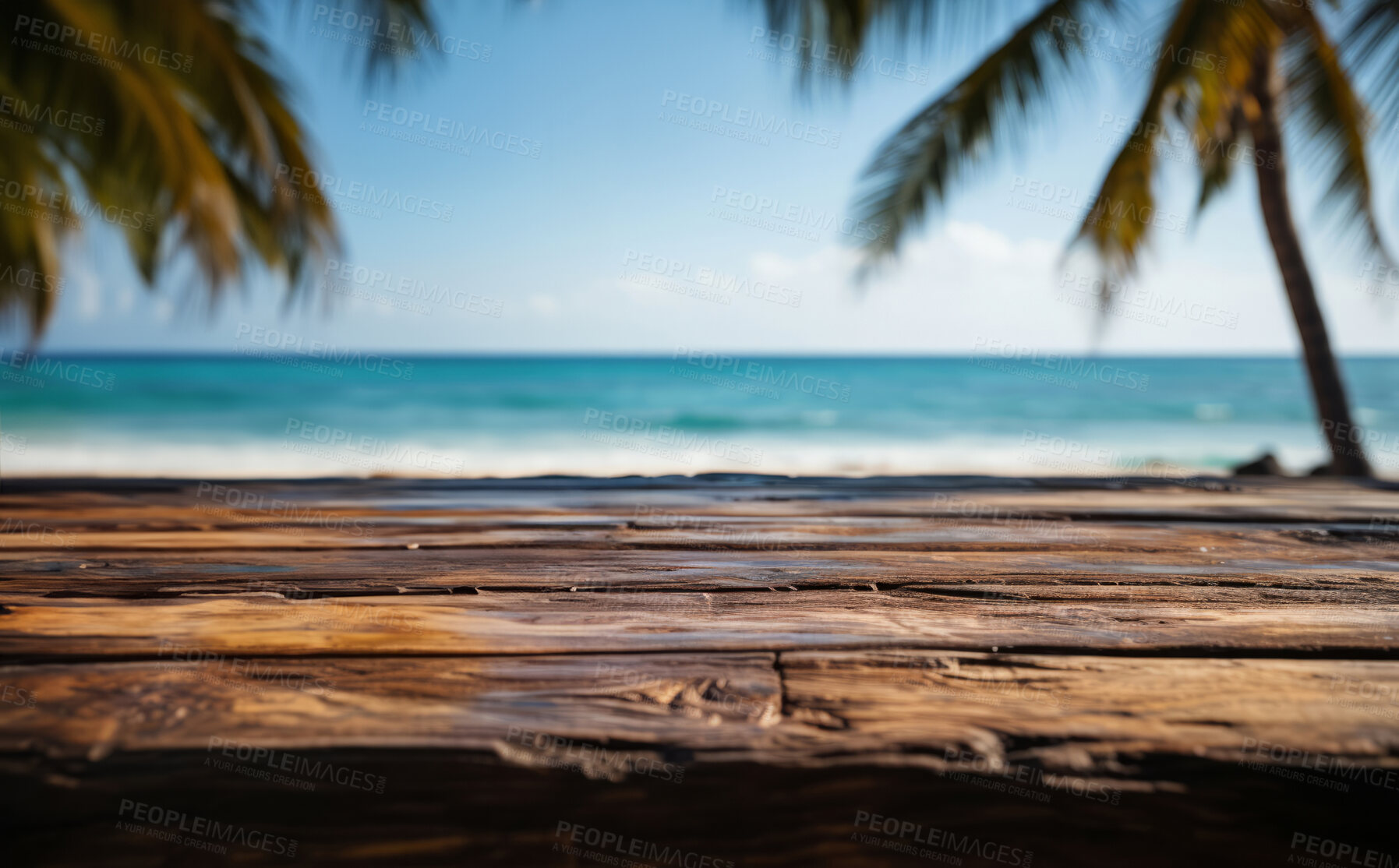 Buy stock photo Wooden table, palm tree and beach landscape with mock up or travel. Tropical paradise, dream vacation or island holiday, Background, summer wallpaper and relax in nature, sun and blue sea waves