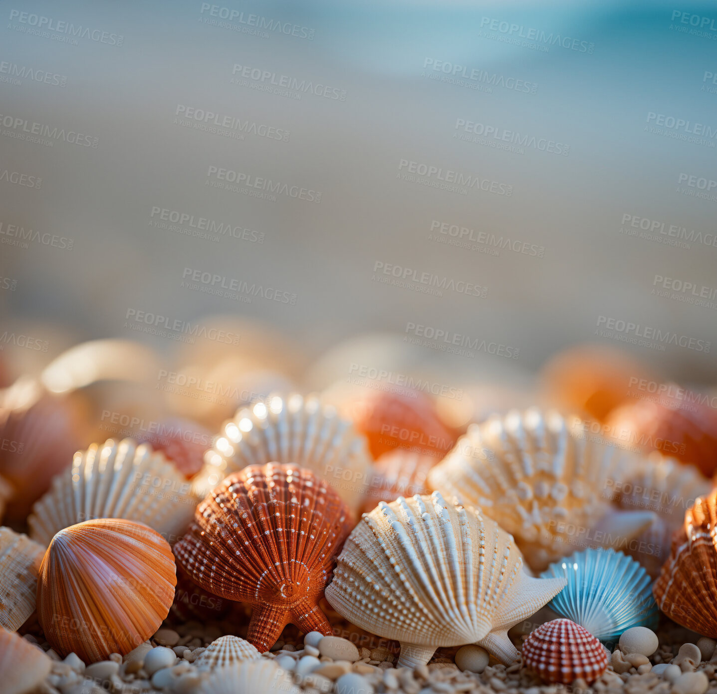 Buy stock photo Closeup, seashells and beach starfish for travel, mock up and space in tropical, holiday and paradise on dream vacation. Background, summer wallpaper and relax in nature, island and  sand backdrop