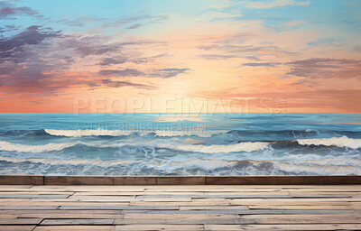 Wooden table, sunset and beach landscape with mock up or travel. tropical paradise, dream vacation or island holiday, Background, summer wallpaper and relax in nature, sun and blue sea waves