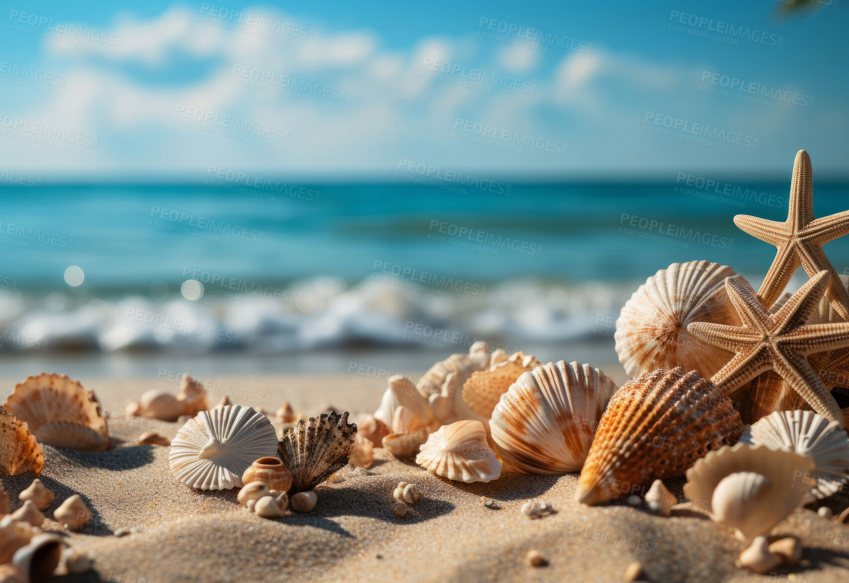 Buy stock photo Closeup, seashells and beach starfish for travel, mock up and space in tropical, holiday and paradise on dream vacation. Background, summer wallpaper and relax in nature, island and blue sea wave