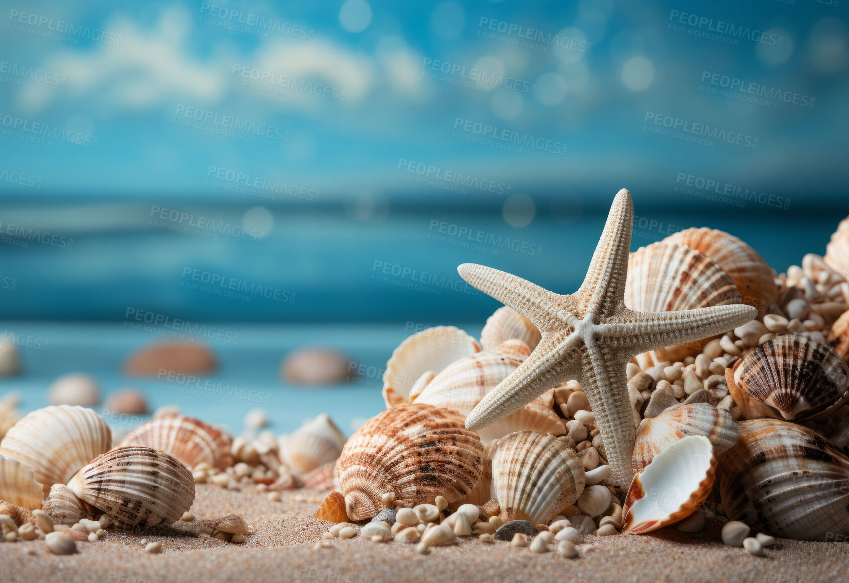 Buy stock photo Closeup, seashells and beach starfish for travel, mock up and space in tropical, holiday and paradise on dream vacation. Background, summer wallpaper and relax in nature, island and blue sea wave