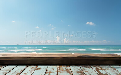 Wooden table, sky and beach landscape with mock up or travel. tropical paradise, dream vacation or island holiday, Background, summer wallpaper and relax in nature, sun and blue sea waves in Maldives