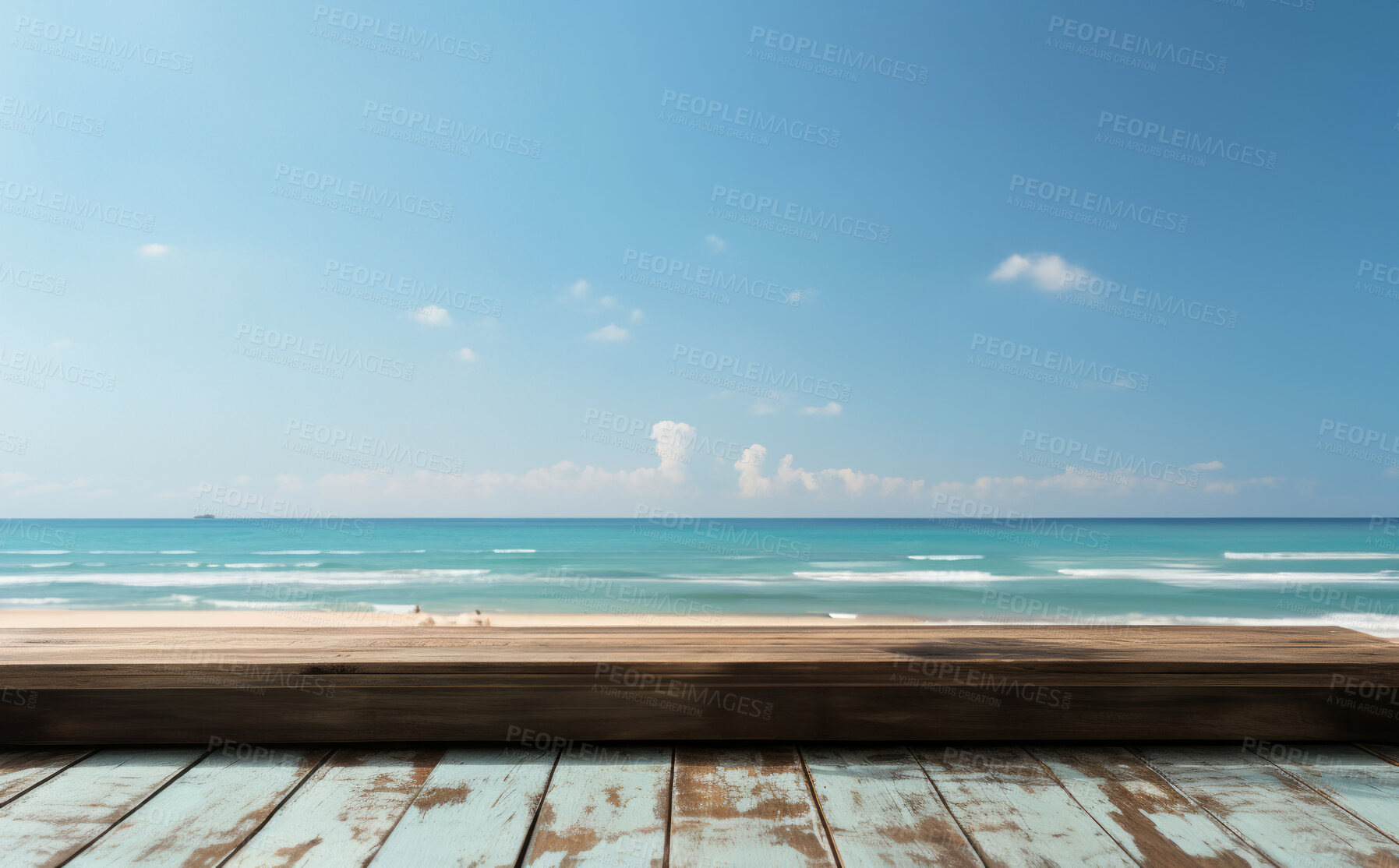 Buy stock photo Wooden table, sky and beach landscape with mock up or travel. tropical paradise, dream vacation or island holiday, Background, summer wallpaper and relax in nature, sun and blue sea waves in Maldives