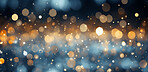 Gold, bokeh and glitter in a studio with dark background for celebration, event or party. Mockup, sparkle and confetti for glow, magic or shine for festive decoration by black studio backdrop