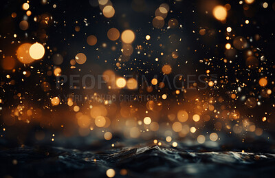 Gold, bokeh and glitter in a studio with dark background for celebration, event or party. Mockup, sparkle and confetti for glow, magic or shine for festive decoration by black studio backdrop