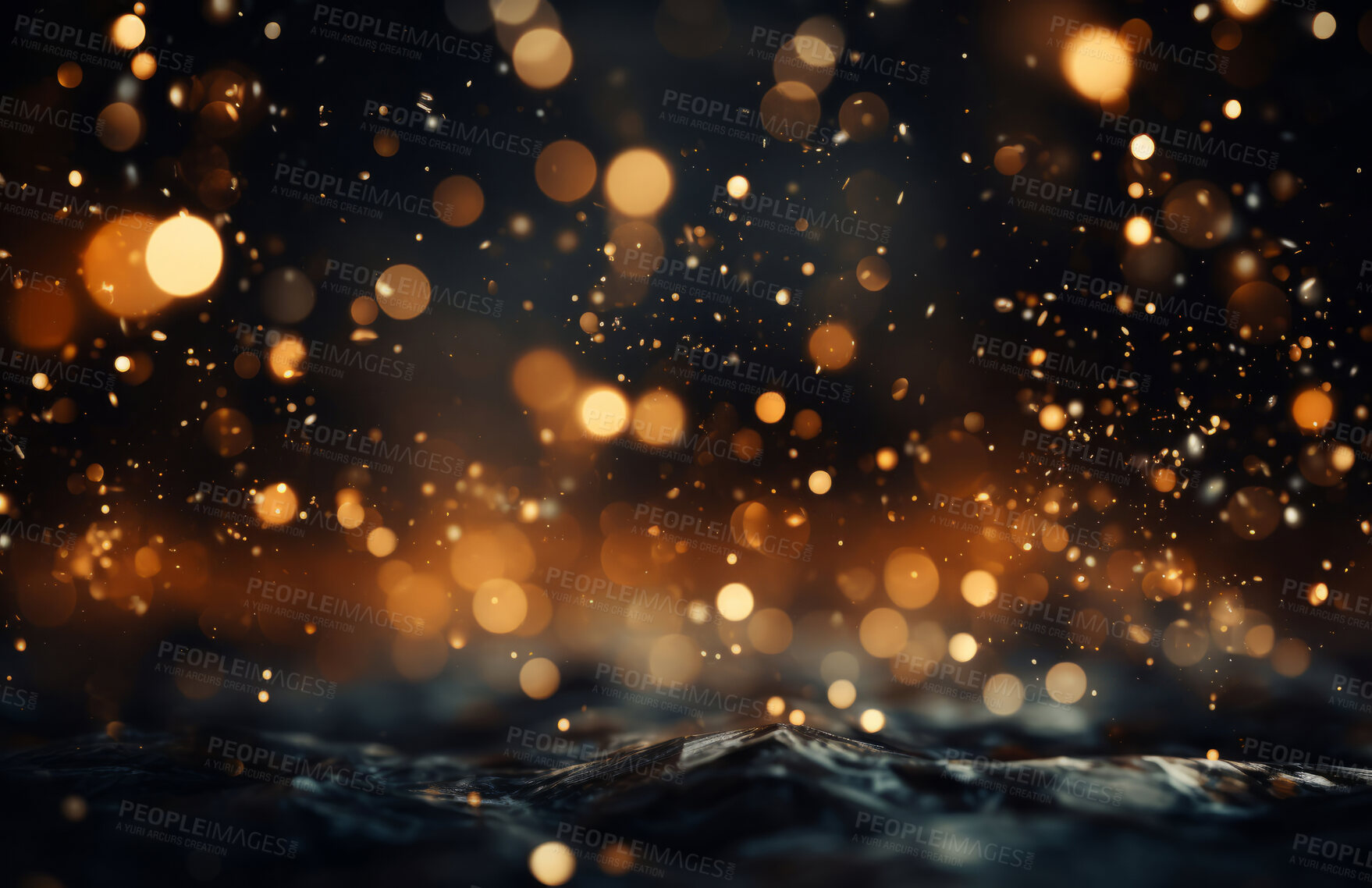 Buy stock photo Gold, bokeh and glitter in a studio with dark background for celebration, event or party. Mockup, sparkle and confetti for glow, magic or shine for festive decoration by black studio backdrop