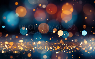 Gold, blue and bokeh in a studio with dark background for celebration, event or party. Mockup, sparkle and confetti for glow, magic or glittery shine for festive decoration by black backdrop