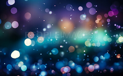 Purple, blue bokeh and glitter in a studio with dark background for celebration, event or party. Mockup, sparkle and confetti for glow, magic or shine for festive decoration by black backdrop