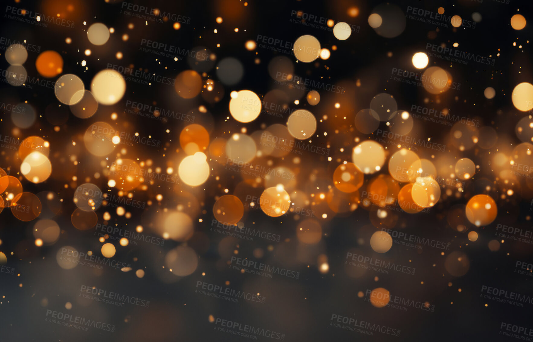 Buy stock photo Gold, blue bokeh and glitter in a studio with dark background for celebration, event or party. Mockup, sparkle and confetti for glow, magic or shine for festive decoration by black studio backdrop