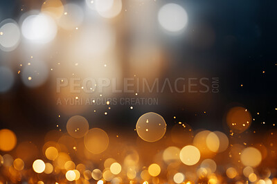 Gold, bokeh and glitter in a studio with dark background for celebration, event or party. Mockup, sparkle and yellow confetti for glow, magic or shine for festive decoration by black backdrop.