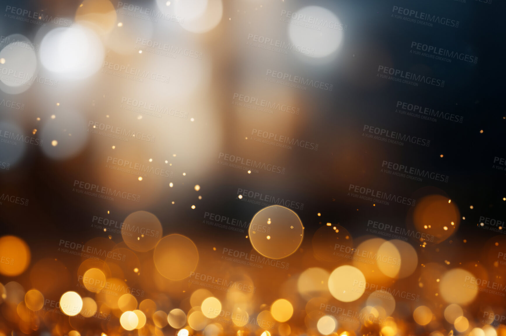 Buy stock photo Gold, bokeh and glitter in a studio with dark background for celebration, event or party. Mockup, sparkle and yellow confetti for glow, magic or shine for festive decoration by black backdrop.