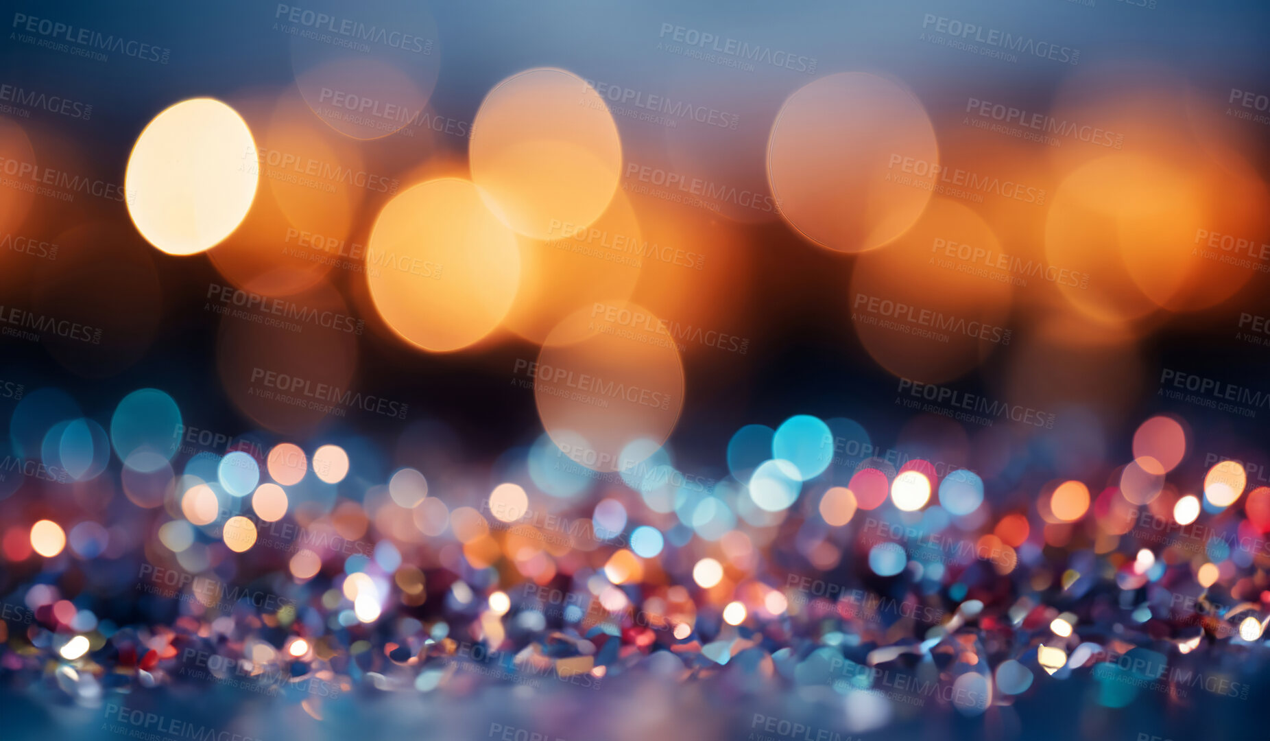 Buy stock photo Gold, blue bokeh and glitter in a studio with dark background for celebration, event or party. Mockup, sparkle and confetti for glow, magic or shine for festive decoration by black backdrop.