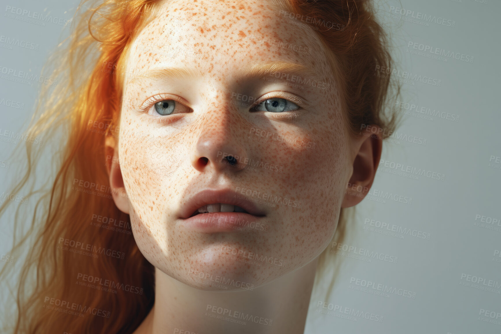 Buy stock photo Young, female and beauty portrait of a woman or youth for skincare, health and cosmetics. Beautiful, confident and attractive person with freckles for dermatology, skin routine and hygiene in studio