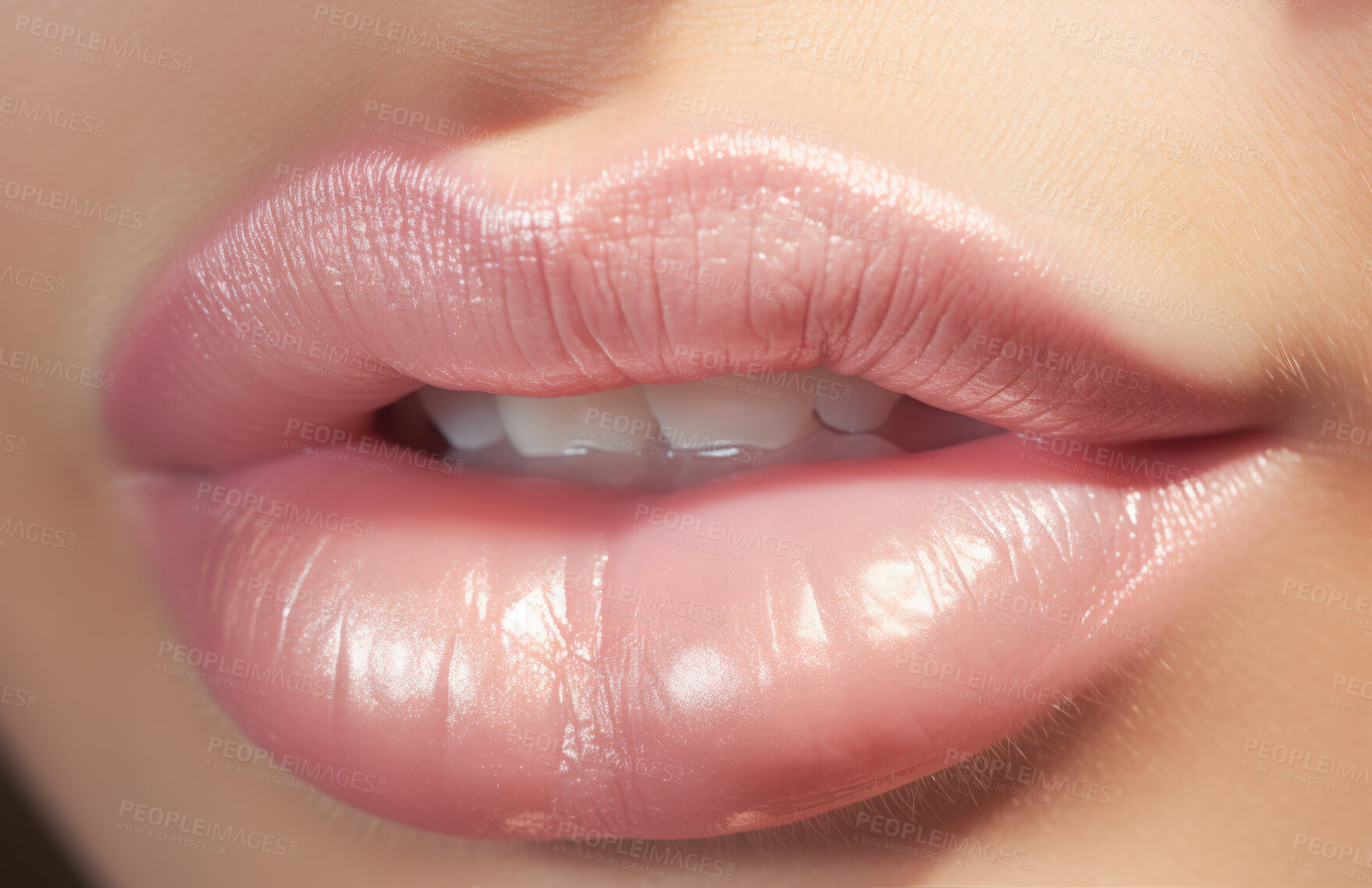 Buy stock photo Woman, lips and cosmetics closeup of a female mouth for beauty, plastic surgery and treatment. Full, beautiful and texture of natural model with filler for makeup, nude lipstick shade and cosmetology