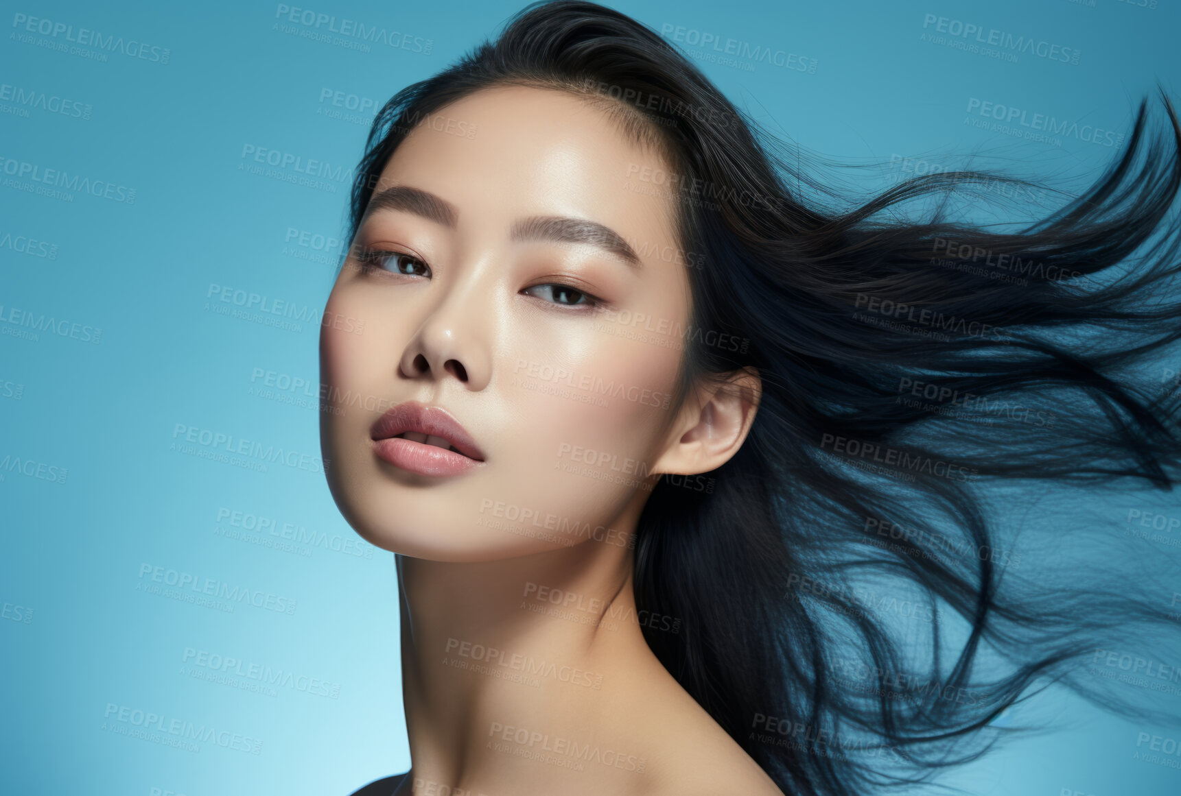 Buy stock photo Asian, female and beauty portrait of a woman for skincare, health and cosmetics. Beauty, confident and attractive person with smooth healthy skin routine for glow, dermatology and haircare in studio