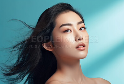 Buy stock photo Asian, female and beauty portrait of a woman for skincare, health and cosmetics. Beauty, confident and attractive person with smooth healthy skin routine for glow, dermatology and haircare in studio