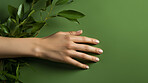 Woman, hand and beauty therapy closeup of female manicure for salon, skincare and wellness. Clean, natural and fresh nails mockup for body care, relax and eco friendly lifestyle and sustainability