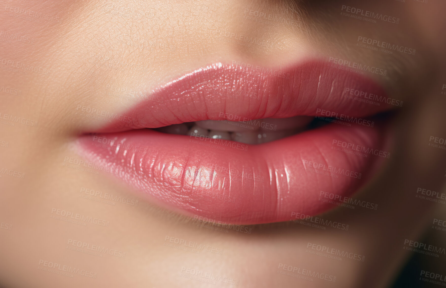 Buy stock photo Woman, lips and cosmetics closeup of a female mouth for beauty, plastic surgery and treatment. Full, beautiful and texture of natural model with filler for makeup, nude lipstick shade and cosmetology